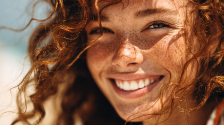 A joyful young woman with curly hair enjoys a sunny day at the beach showing her radiant smile.の素材