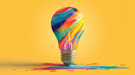 A creative light bulb bursts with colorful paint patterns resting on a vivid yellow backdrop.の素材