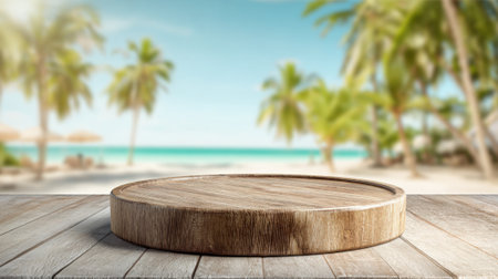 A serene beach setting features a wooden table with tropical palm trees and ocean waves in the background.の素材