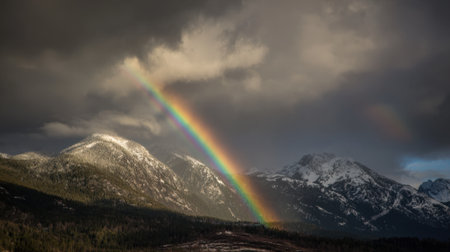 A stunning rainbow stretches across the sky above snow covered peaks after a rainstorm illuminating the landscape.の素材