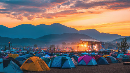 Tents fill the landscape as festival goers enjoy live music under a stunning sunset backdrop.の素材