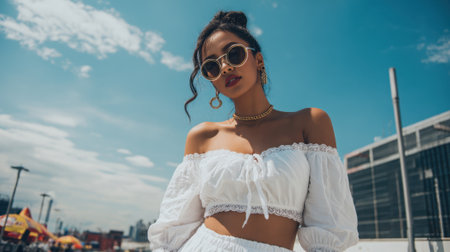Young woman wearing a trendy outfit poses confidently under a clear blue sky in the city.の素材