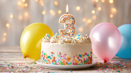 Brightly lit room features a joyful cake adorned with a number three candles confetti and balloons.の素材