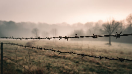 A serene landscape features soft morning light filtering through fog highlighting a barbed wire fence.の素材