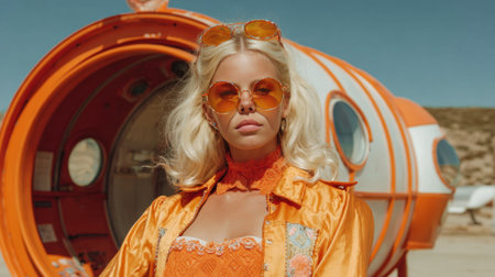 Bright orange outfit contrasts with a whimsical submarine in a sunny desert landscape.の素材
