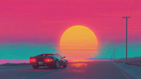 A classic car speeds down an empty highway as a vivid sunset paints the sky in bright colors.の素材