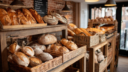 Rustic shelves are filled with various types of bread inviting customers into the warm bakery atmosphere.の素材