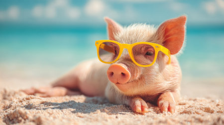 A playful piglet relaxes on the sandy beach while wearing bright yellow sunglasses soaking up the sun.の素材