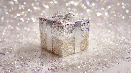 A beautifully wrapped gift box sits on a bed of sparkling glitter catching the light perfectly.の素材