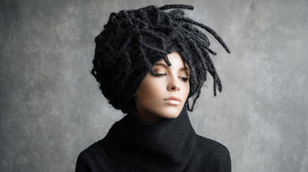 Model showcases an artistic hair design with dramatic dreadlocks while wearing a stylish black outfit.の素材