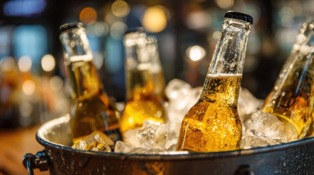 Friends gather around a metal bucket of ice cold beer bottles at a vibrant bar enjoying laughter.の素材