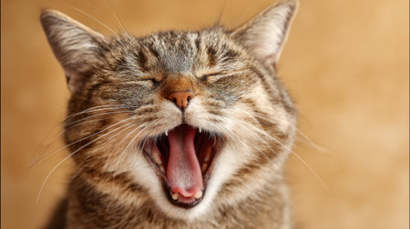 A cheerful cat stretches with a big yawn enjoying the warm sunlight in a quiet space.の素材