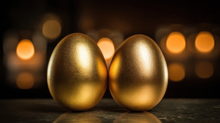 Two golden rest eggs side by side glowing in a serene ambiance created by soft candlelight.の素材