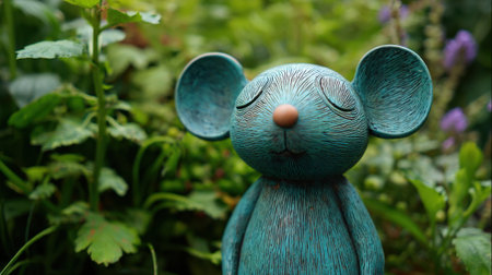 A charming mouse statue stands serenely in a lush garden filled with greenery and blooms.の素材