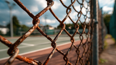 A close view of a rusty fence frames a quiet tennis court with cloud covered skies.の素材