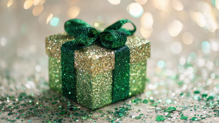 A sparkling green gift box sits on a festive table reflecting light and surrounded by colorful glitter.の素材
