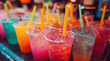 Brightly colored drinks with ice and straws are lined up on a table showcasing festive refreshment.の素材