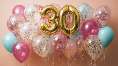 Festive balloons in pink and blue surround a shiny golden 30 marking a special birthday celebration.の素材
