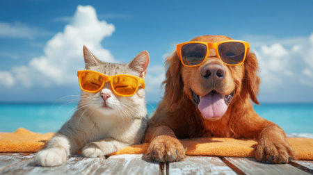 A playful cat and a cheerful dog relax together on a sunny beach both wearing bright sunglasses.の素材