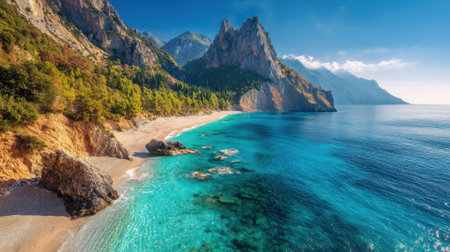 Beautiful beach landscape features clear turquoise waters and dramatic cliffs under a bright sky.の素材