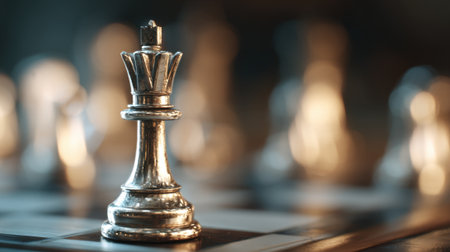 A shiny chess king piece sits confidently on the board while players ponder their next moves.の素材