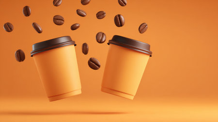 Two orange coffee cups hover in the air with coffee beans swirling around them creating a playful scene.の素材