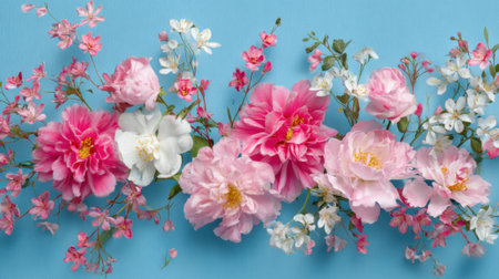 Soft pink and white blossoms form a beautiful floral display enhancing a calming blue backdrop.の素材