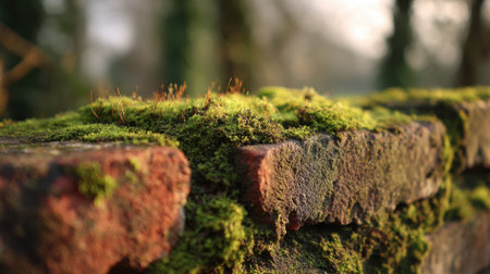 A close-up view reveals vibrant green moss covering weathered red bricks. Soft sunlight enhances the peaceful atmosphere of this outdoor scene, showing nature's beauty.の素材
