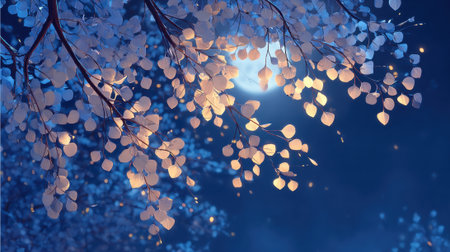 Moonlit branches with shimmering leaves create a serene and enchanting atmosphere in twilight.の素材