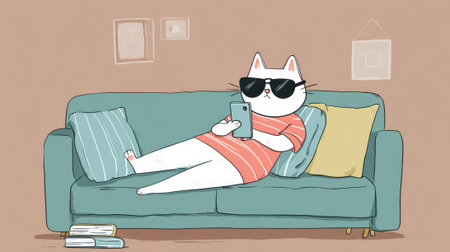 A playful cat lounges on a comfy couch wearing cool sunglasses and holding a phone enjoying leisure time.の素材