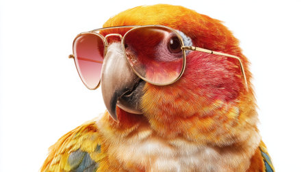 A vibrant parrot poses confidently in sunglasses showing its colorful feathers and playful nature.の素材