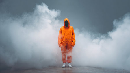 A person in an orange hooded suit stands alone in thick swirling fog on a dimly lit street.の素材
