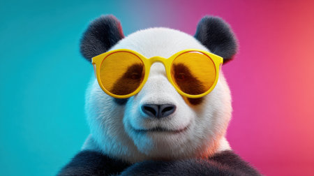 A charming panda sits confidently sporting bright yellow sunglasses in a colorful setting.の素材