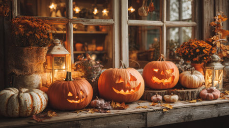 A collection of carved pumpkins with cheerful faces illuminated a rustic autumnal display.の素材