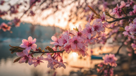 Delicate pink cherry blossoms adorn branches as the sun sets behind a serene lake.の素材