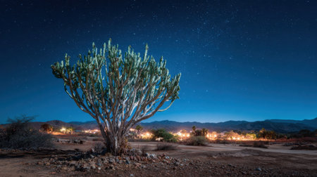A strong cactus rises under the clear night sky surrounded by tranquil desert scenery and distant lights.の素材