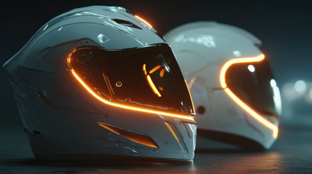 Two sleek motorcycle helmets with vibrant lights are showcased on a workbench highlighting their design.の素材