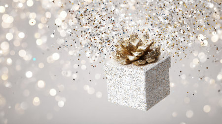 A beautiful gift box features golden decorations and is covered in sparkling glitter adding joy to the celebration.の素材