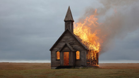 A wooden church burns fiercely with flames reaching high against a cloudy moody sky.の素材