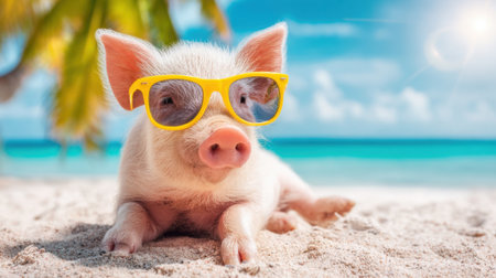 A cheerful pig enjoys the sandy beach under a clear sky soaking up the sun.の素材