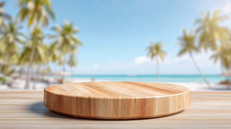 A smooth wooden board sits on a table with a sunny beach and palm trees in the background.の素材