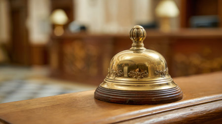 A beautiful golden bell sits on a polished wooden counter in a grand hotel lobby welcoming visitors.の素材