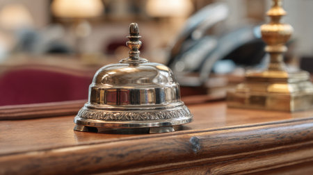 A shiny silver bell sits on a beautifully crafted wooden counter in a luxurious hotel.の素材