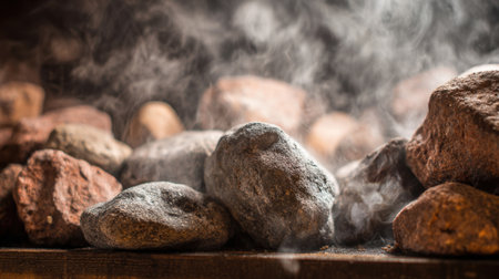 Hot stones emit steam in a serene setting inviting tranquility and warmth to the space.の素材