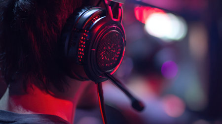 A gamer wearing headphones concentrates on gameplay in a colorful esports setting at night.の素材