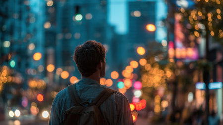 A person stands in awe gazing at the colorful city lights during a serene evening walk.の素材