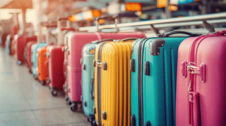 Bright suitcases in vibrant colors are arranged neatly at an airport capturing a lively atmosphere.の素材