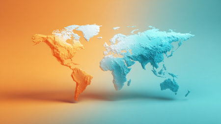 A vibrant world map with textured continents in rich orange and teal colors creating a modern look.の素材