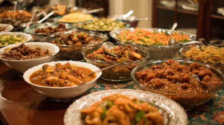 Various delicious dishes are beautifully arranged on a table showing vibrant colors and textures.の素材