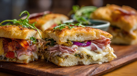 Sandwiches filled with meats and cheese are beautifully arranged inviting taste and enjoyment.の素材